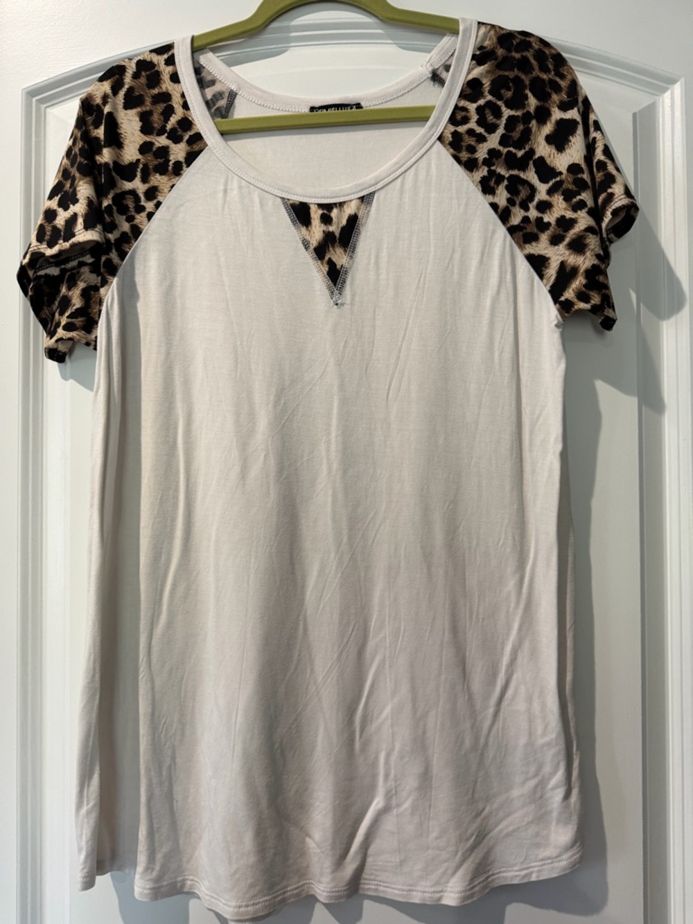 HEIMISH USA Cream Raglan Top with Leopard Short Sleeves